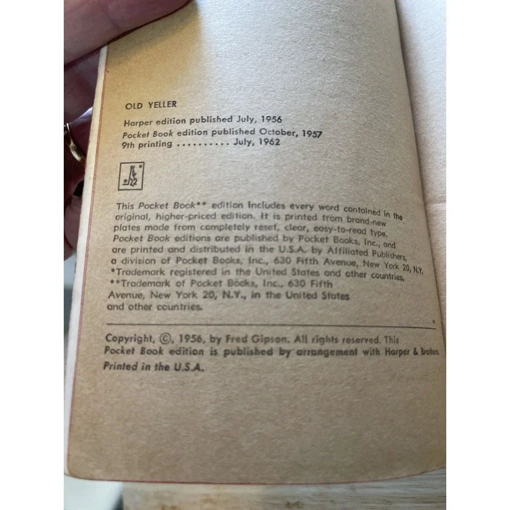 Old Yeller Fred Gipson 1962 Pocket Books 9th‎ Printing Paperback